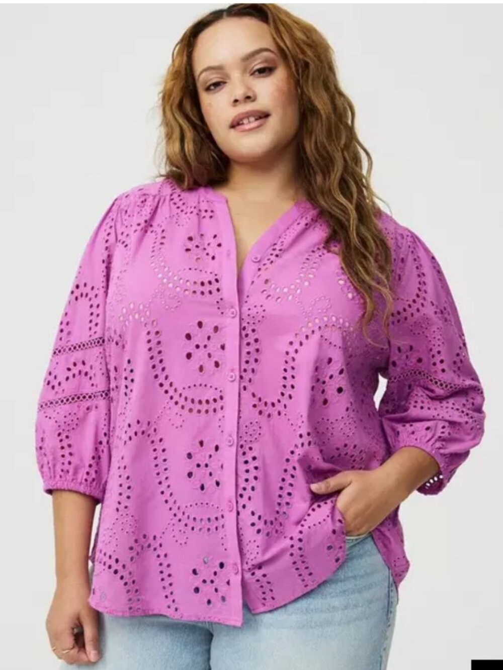 NWT TORRID Cotton Eyelet Button Down Top Women's 5 5X 28 Liatris 3/4 Sleeve Boho